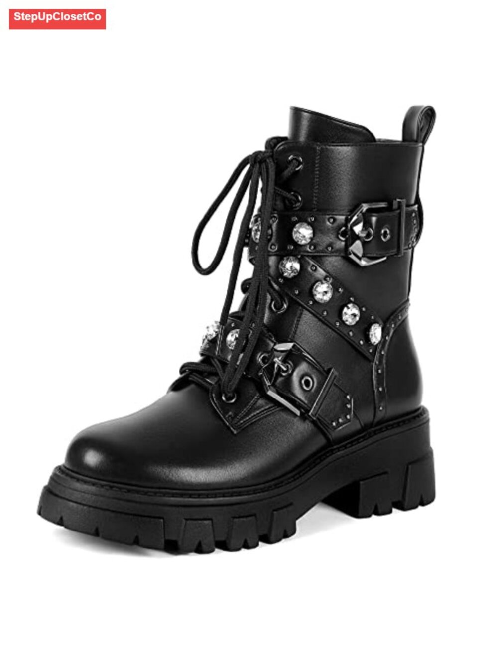 Women's Combat Boots with Rhinestone Chains and Buckle Straps